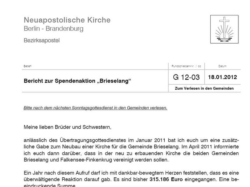 In einem Rundschreiben teilte Bezirksapostel Nadolny den Spendenschlussstand mit